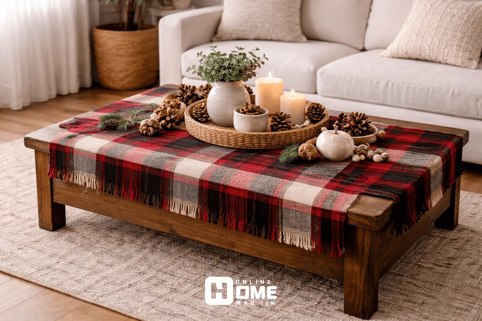 A cozy coffee table setup for winter, with a plaid wool mat on top of a wooden table. The table is adorned with seasonal decor like pinecones, candles, and a small plant
