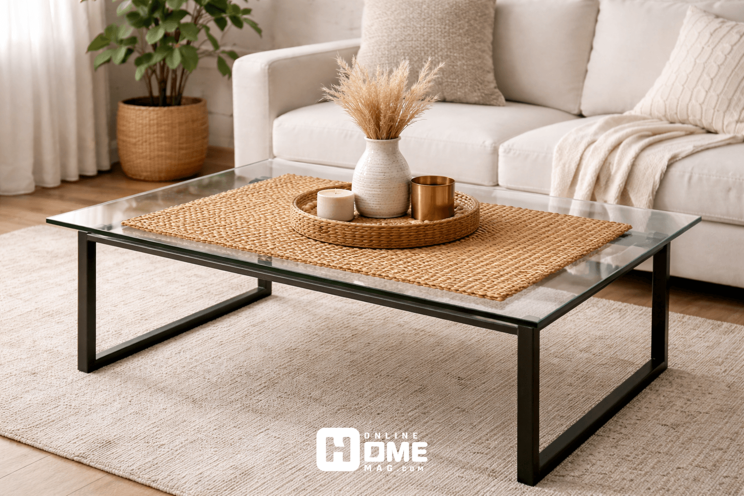 A rattan mat placed on a glass coffee table with modern metal legs. The natural texture of the mat contrasts beautifully with the sleek, minimalist design of the glass table.