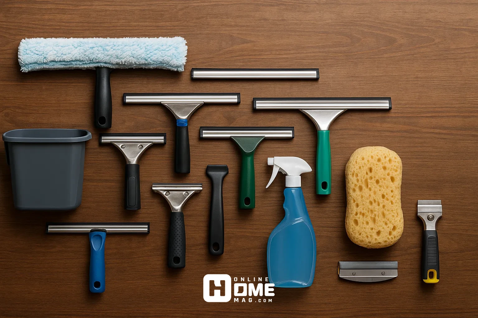 A complete set of 11 professional window cleaning tools including squeegees, scrubbers, spray bottle, sponge, scraper, and bucket arranged neatly on a wooden surface