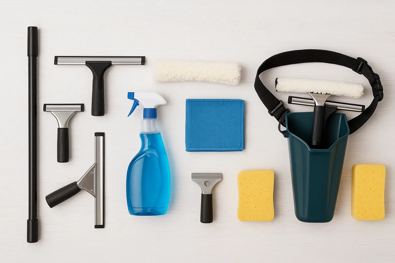 "A wide flat lay photo of different types of window cleaning tools including squeegees, scrubber, telescopic pole, spray bottle, microfiber cloth, bucket on a belt, and sponges arranged on a bright wooden surface."