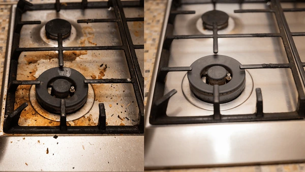 Before and after comparison of a gas stove showing effective cleaning results.