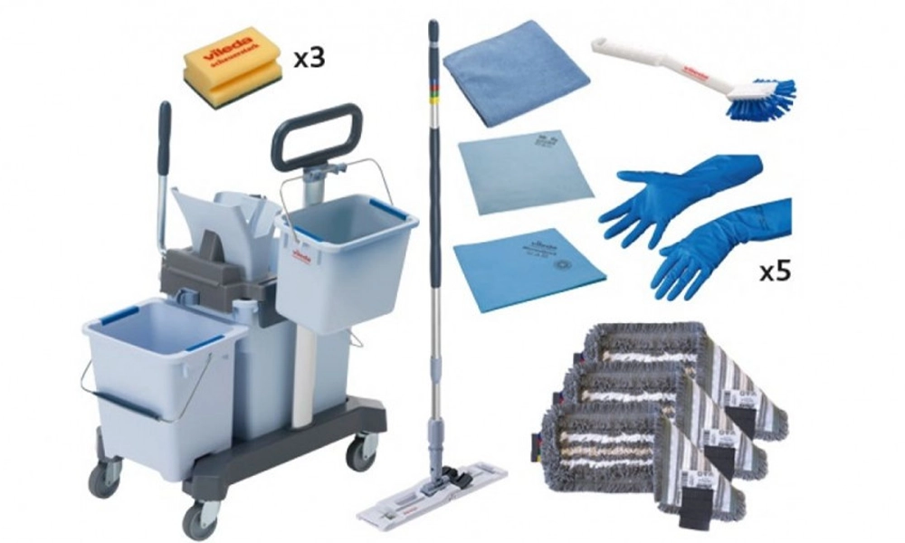 Professional cleaning tools set including mop, buckets, gloves, sponges, and microfiber cloths arranged for efficient cleaning.