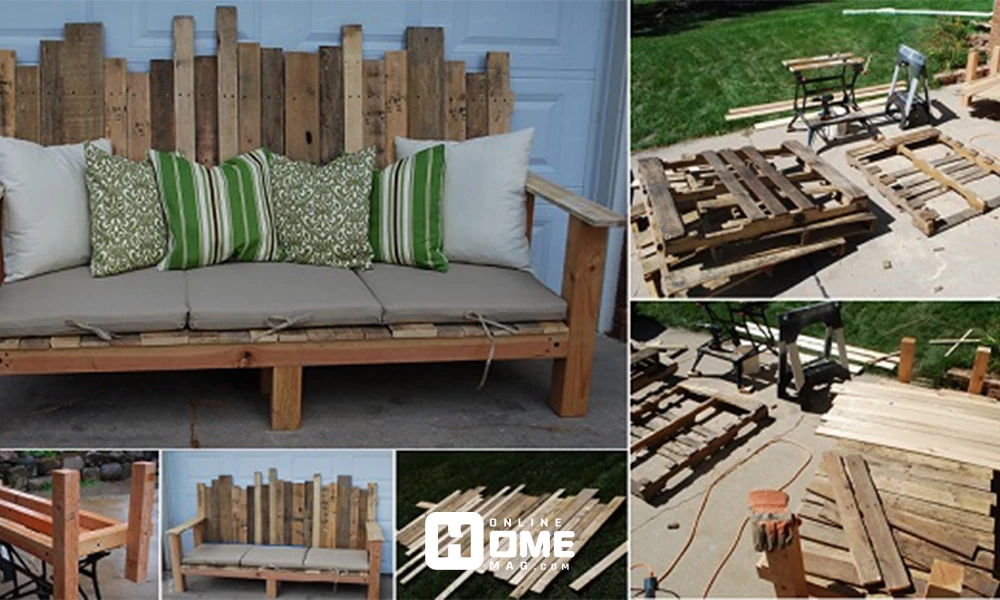 A stylish and affordable outdoor sofa made from wooden pallets with soft cushions for comfort.