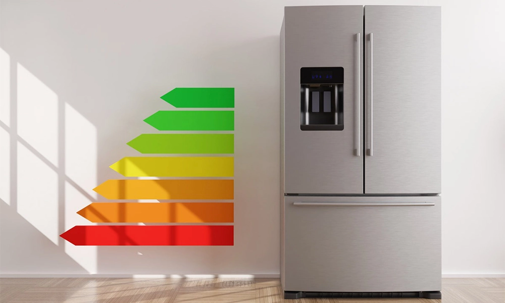 A silver refrigerator beside a wall featuring a color-coded energy efficiency scale, ranging from green to red, indicating varying levels of energy consumption.