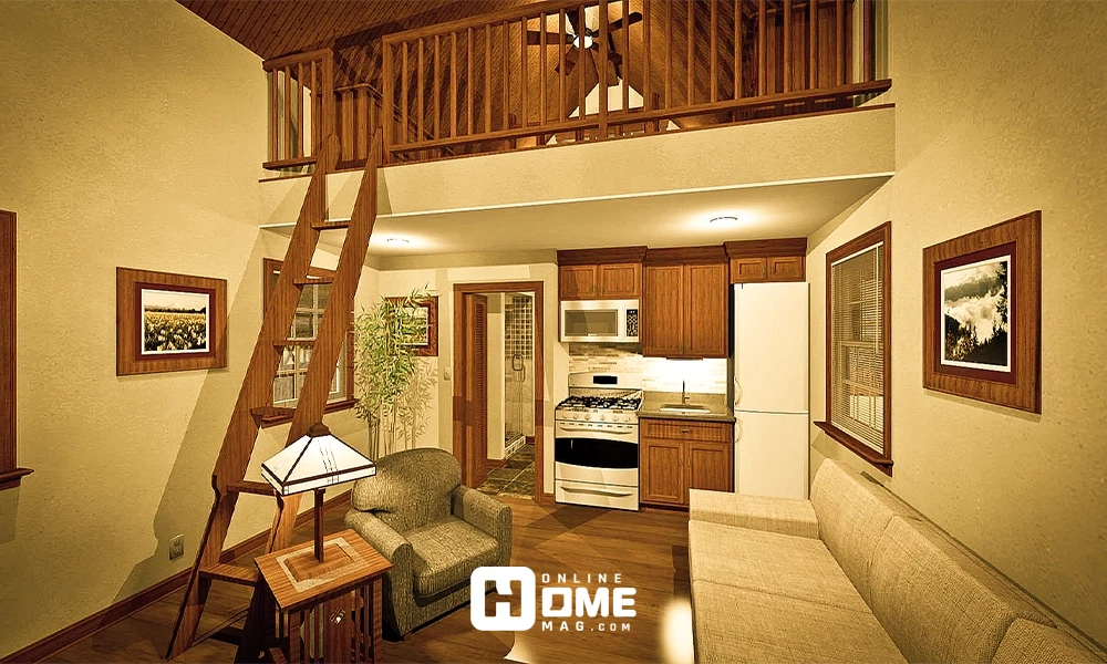 A small house interior featuring a loft space, a compact kitchen, and cozy furniture, with a ladder leading to the upper level.