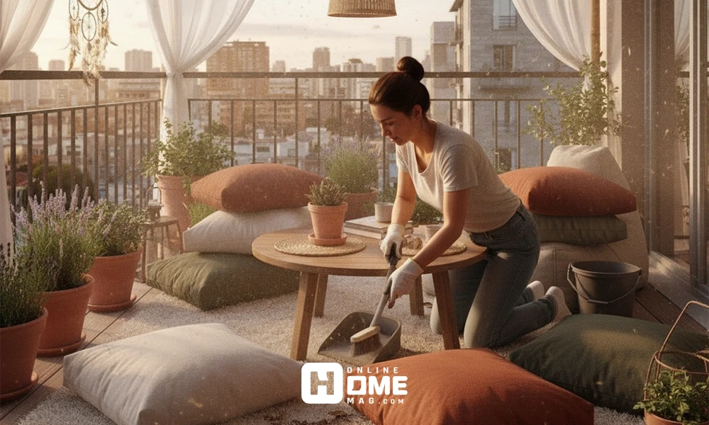 A person tending to plants on a balcony garden, surrounded by pillows and various potted plants, with a city view in the background.
