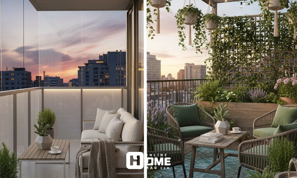 A well-designed balcony with a cozy seating arrangement and plants, overlooking the city skyline at sunset.