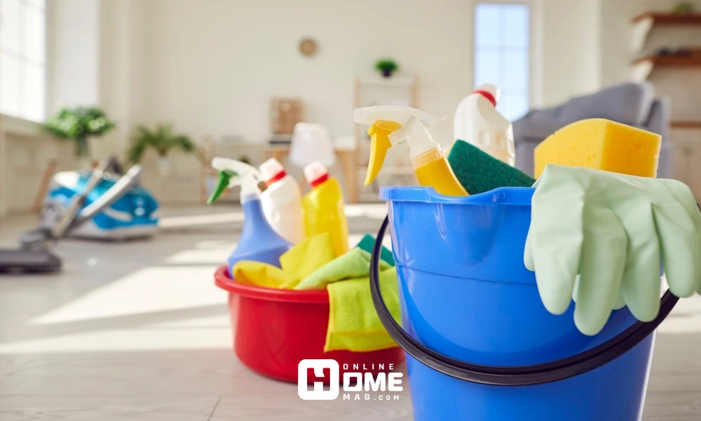 "Household cleaning stuff such as spray bottles, sponges, gloves, and cleaning solutions in colorful buckets on the floor."