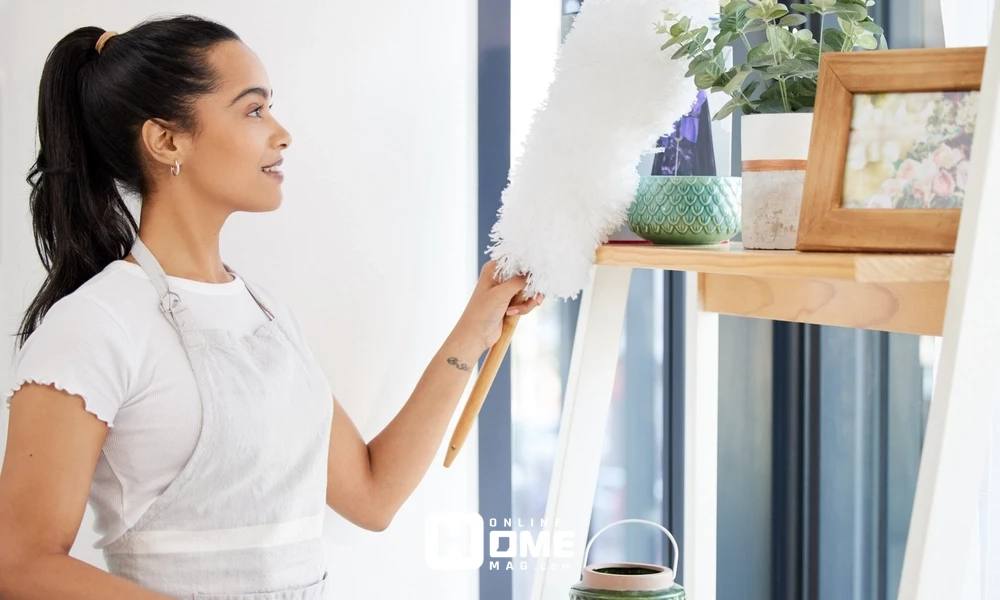 A person dusting a shelf in a living room with a duster, surrounded by plants and a photo frame.