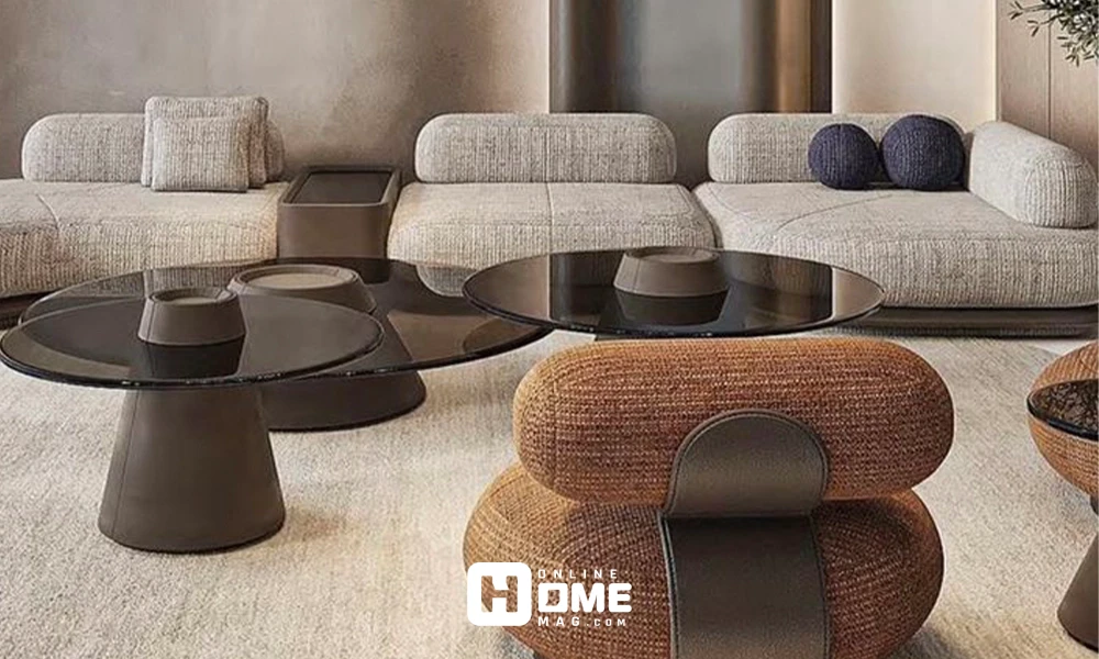 Luxury modern living room sofa with designer furniture, textured walls, and elegant lighting.