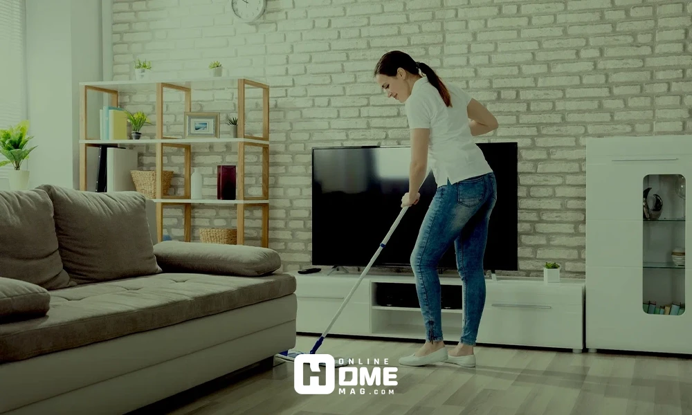 A person dusting a shelf in a living room with a duster, surrounded by plants and a photo frame.