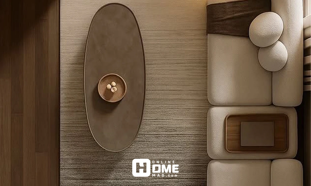 Top view of a cozy sofa in living room with modular sofa, warm lighting, and wooden flooring.