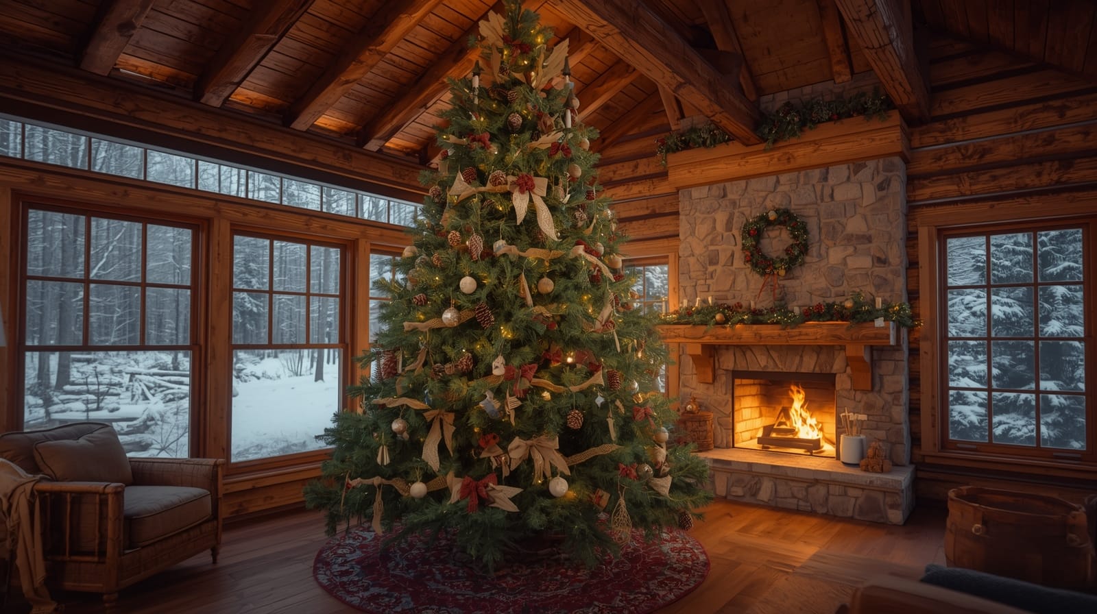 Interior of rustic luxury log cabin featuring tall decorated Christmas tree with gold ribbons, red and gold ornaments, pinecones, and lights, blazing stone fireplace with wreath, vaulted wood ceiling, large windows with winter forest view