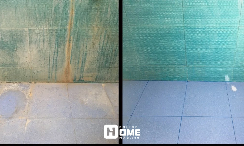“Side-by-side comparison of bathroom floor tiles before and after cleaning, showing dirty tiles on the left and bright, clean tiles on the right.”