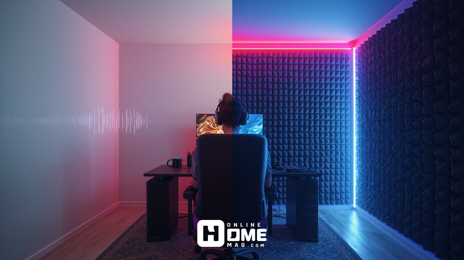 Pyramid acoustic foam panels with RGB LED perimeter lighting in pink and blue creating immersive gaming room atmosphere