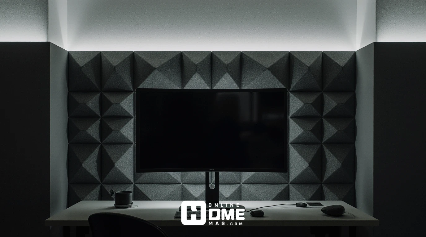 Egg-crate acoustic foam panels installed on ceiling above gaming desk with RGB lighting and gaming PC setup