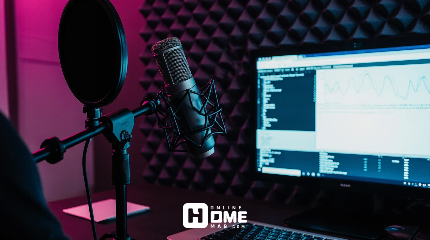 Professional microphone setup with pyramid acoustic foam panels and pop filter for streaming and content creation 