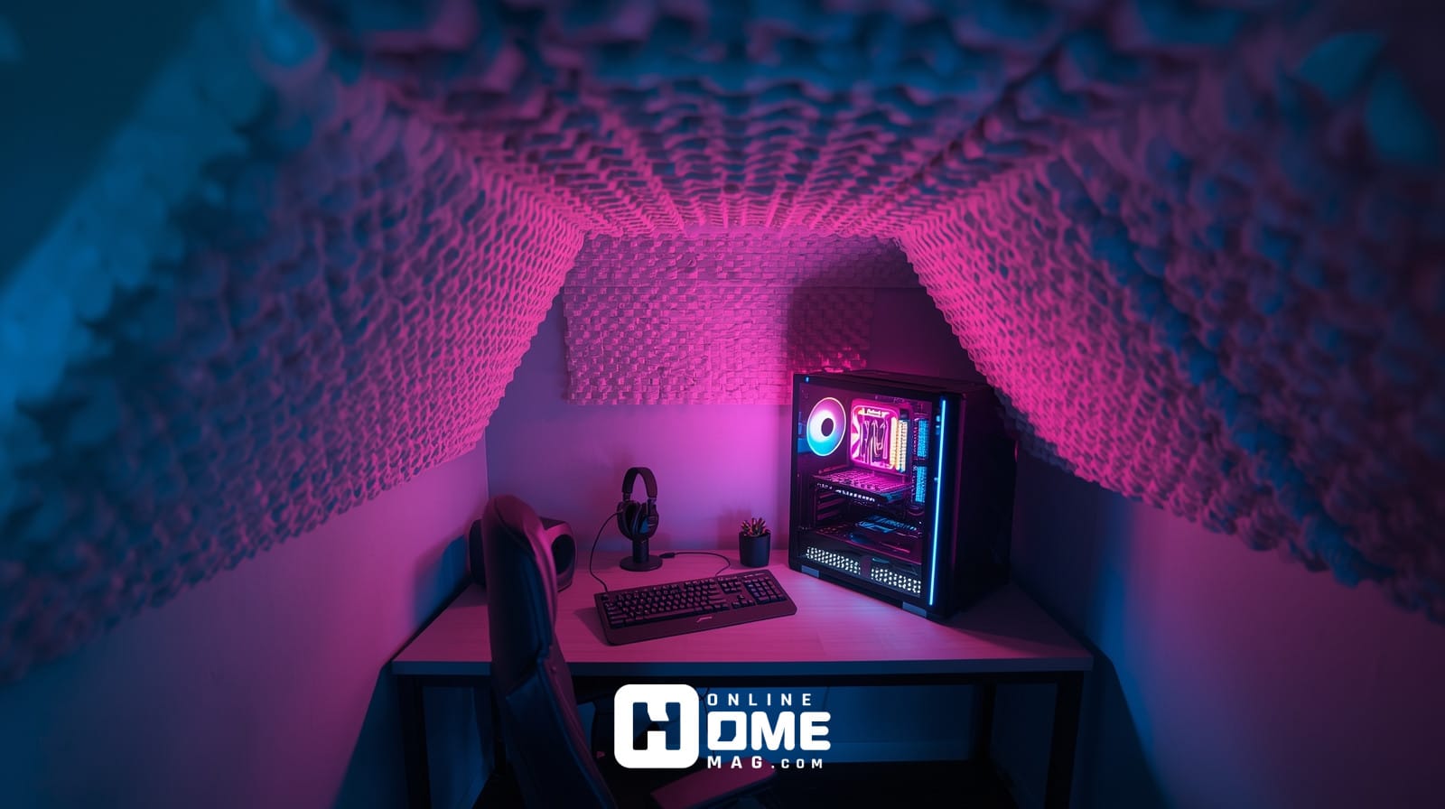 Egg-crate acoustic foam panels installed on ceiling above gaming desk with RGB lighting and gaming PC setup