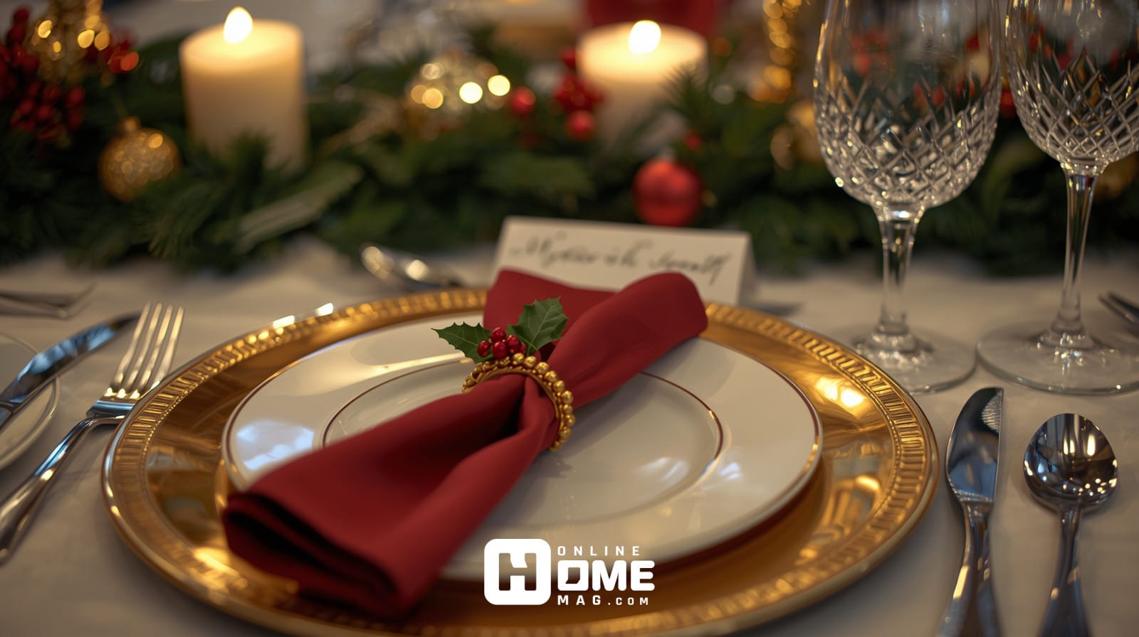Detailed traditional Christmas place setting with gold charger, white china, burgundy napkin and crystal glassware