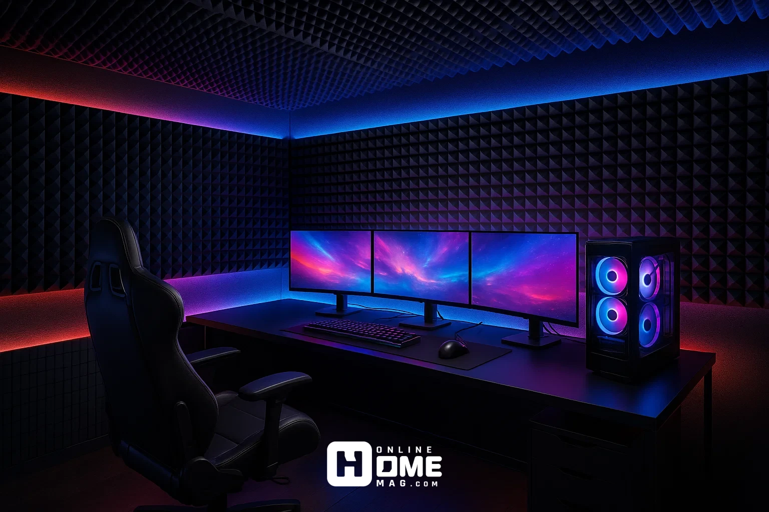 Pyramid acoustic foam panels with RGB LED perimeter lighting in pink and blue creating immersive gaming room atmosphere