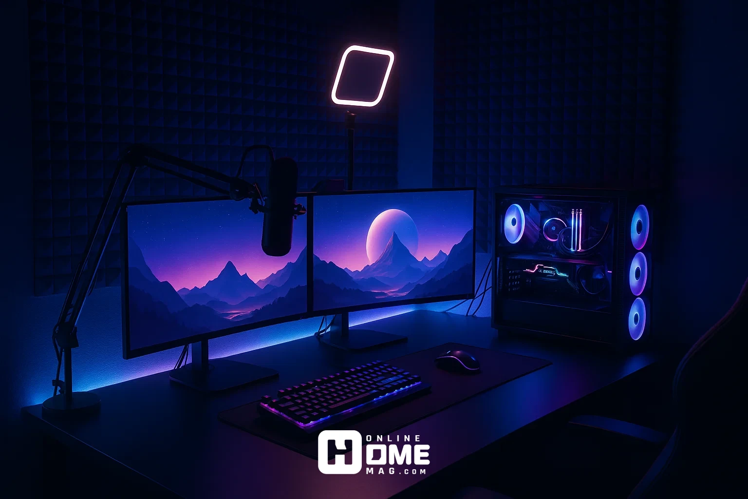 Complete gaming room acoustic treatment with pyramid foam panels on walls and ceiling, RGB backlighting, and professional PC battlestation setup