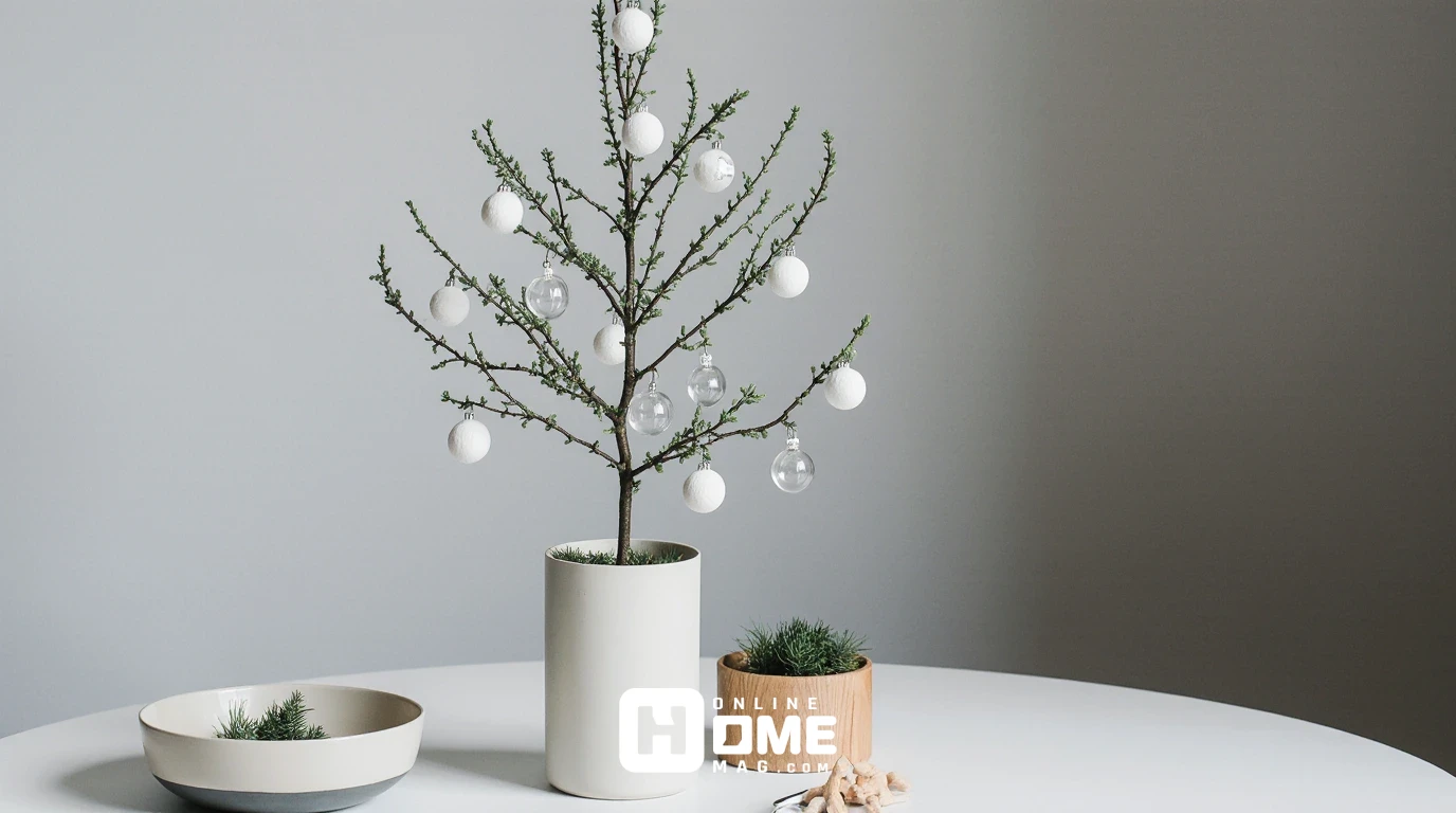 "A minimalist Christmas tree featuring a simple, elegant design with small white ornaments and clear glass baubles. The tree is placed in a neutral-colored pot, complemented by small greenery in a bowl next to it, creating a serene and festive atmosphere."