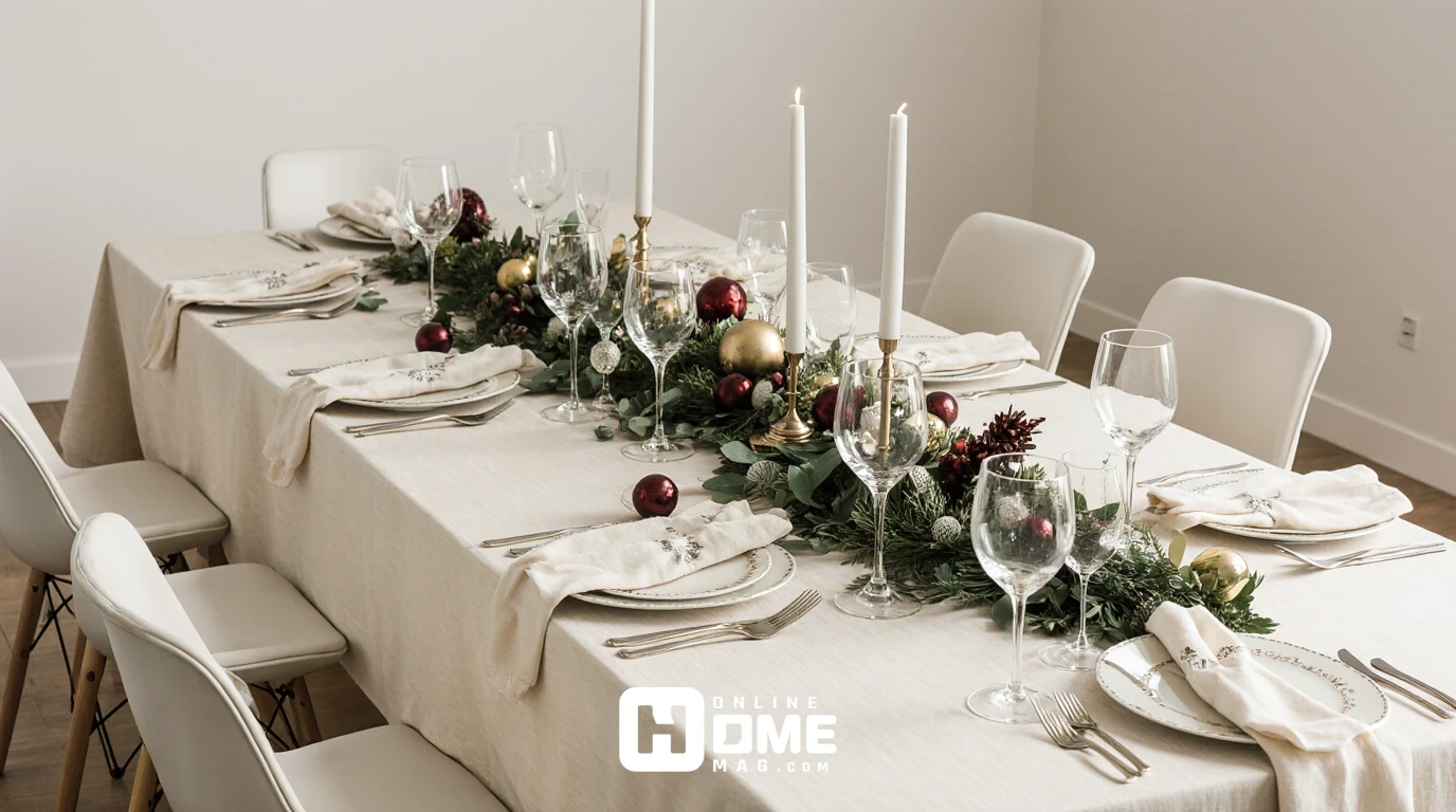 "A minimalist Christmas table with elegant white dinnerware, crystal glassware, and a festive greenery centerpiece with pinecones, red and gold ornaments, and tall white candles creating a warm, inviting atmosphere."