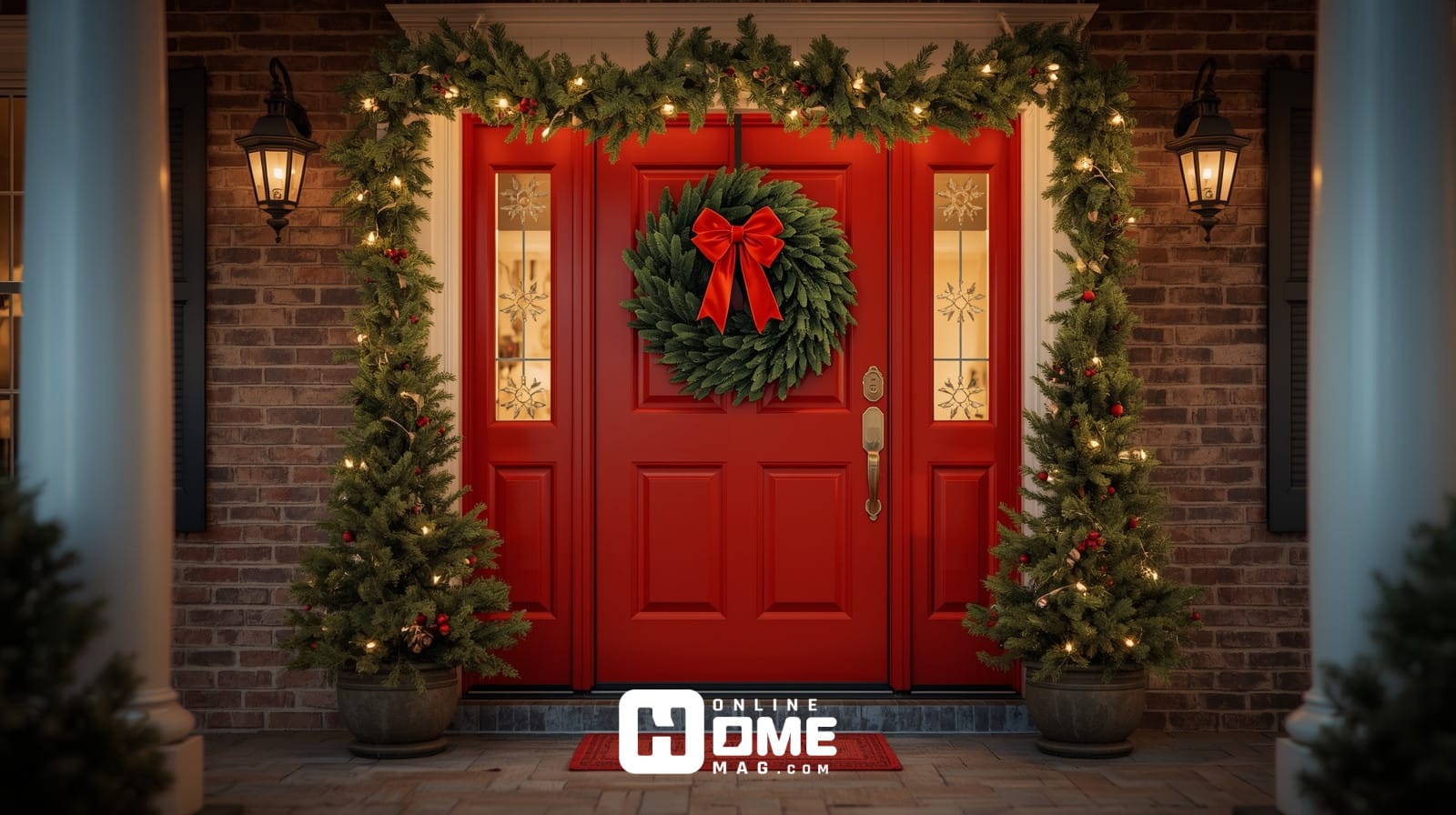 Christmas front door decorations with wreath, garland, and festive entryway decor"