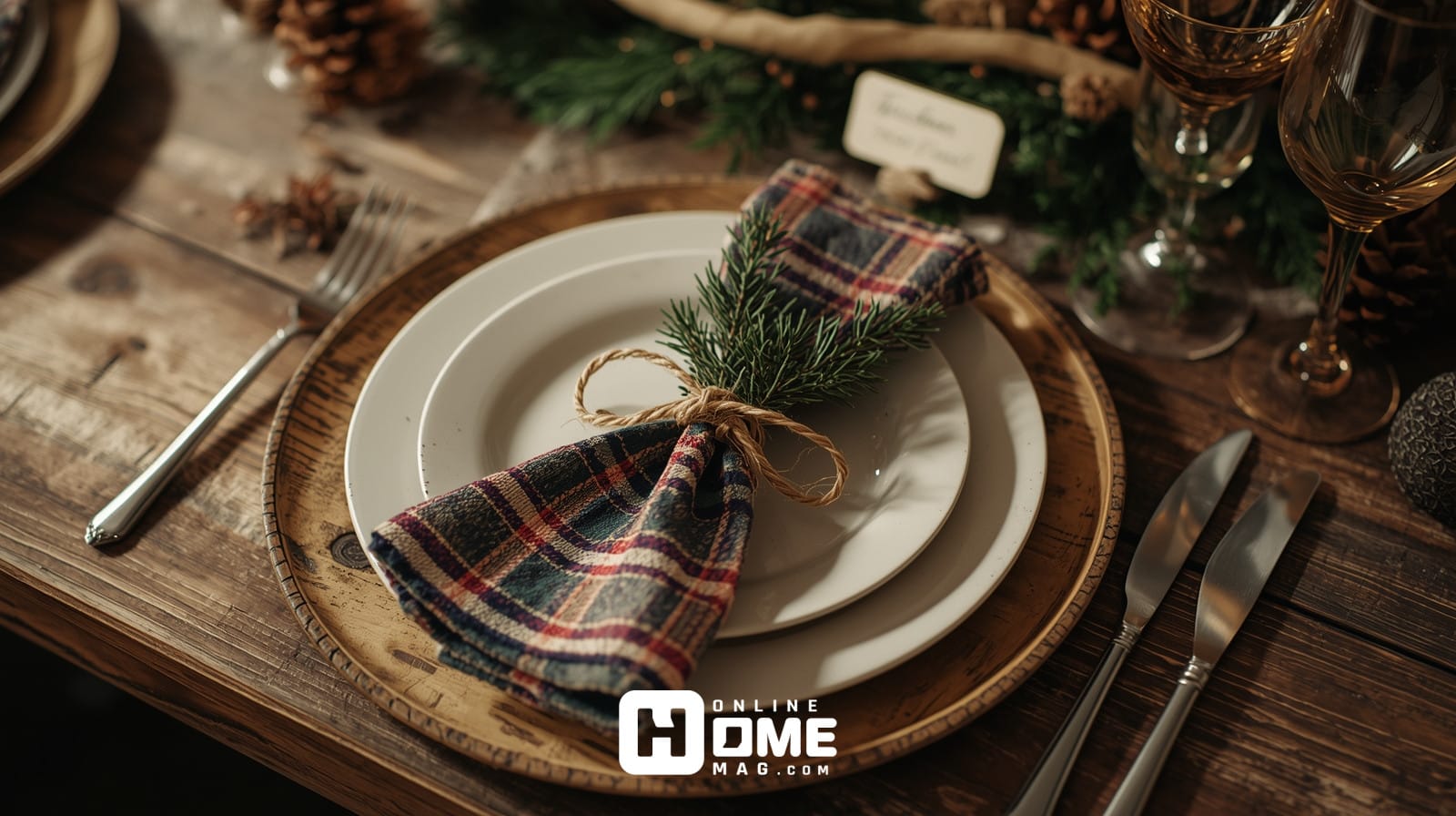 Rustic Christmas place setting with wooden charger, plaid napkin tied with twine, and pine sprig for elegant farmhouse table