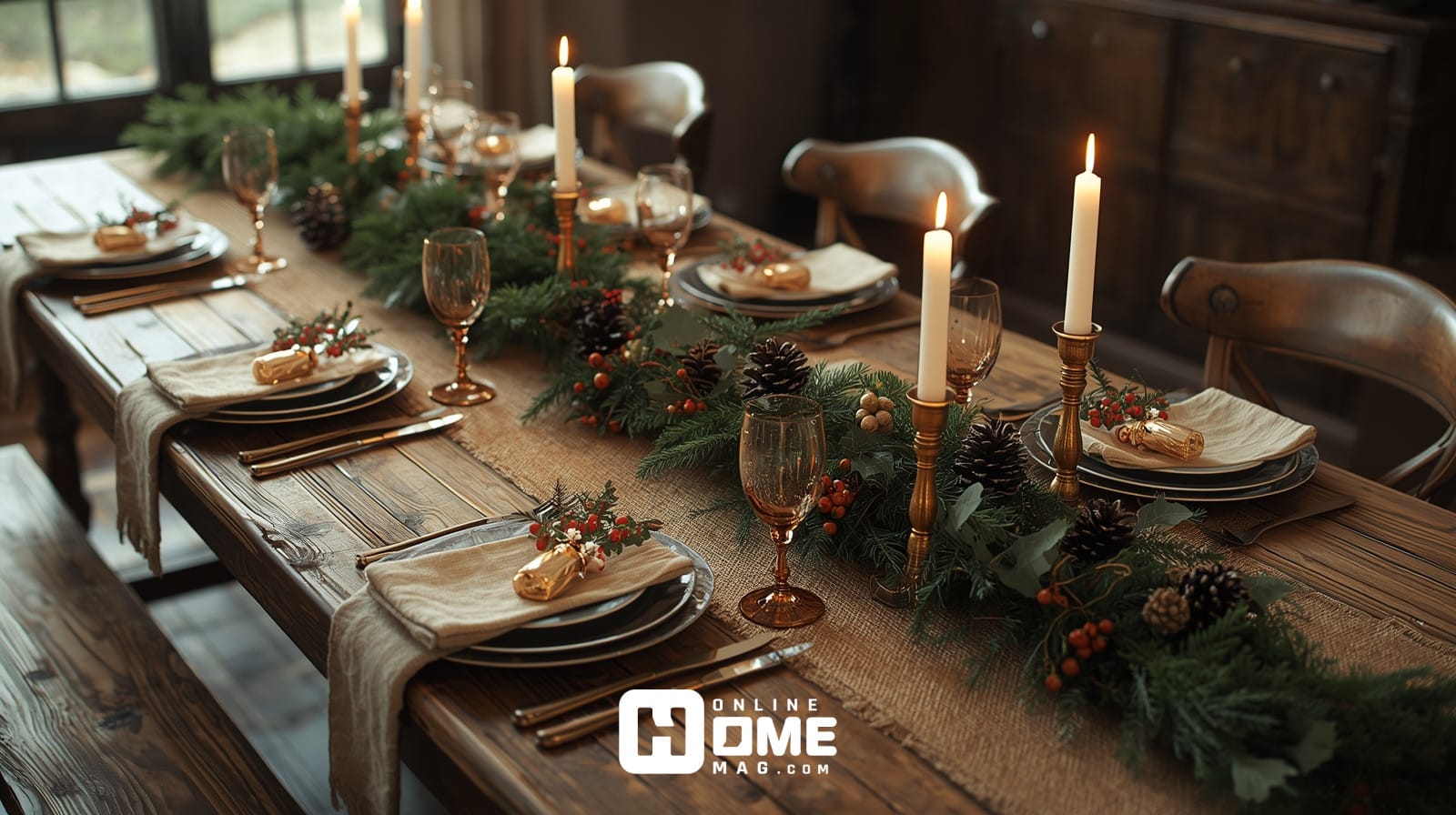 Complete rustic Christmas table setting with farmhouse table, burlap runner, evergreen centerpiece, and layered place settings 