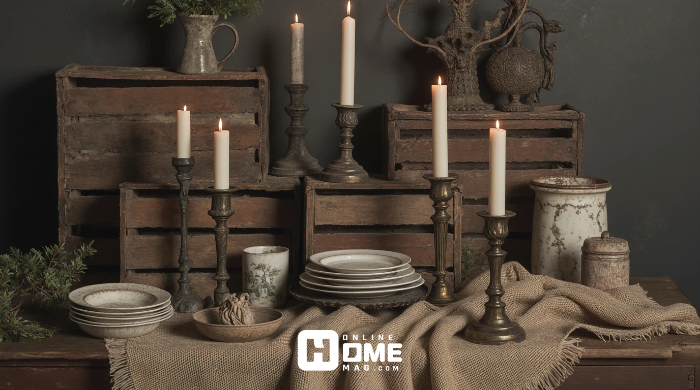 Budget-friendly rustic Christmas table decor featuring thrift store finds including vintage crates, antique plates, and candlesticks 