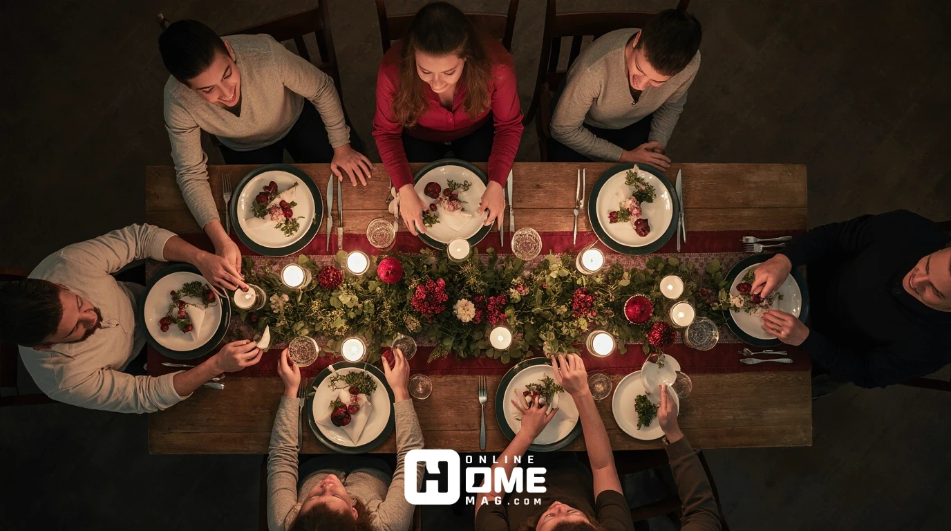 Family celebrating Christmas around beautifully decorated rustic table with warm candlelight creating memorable holiday moments 