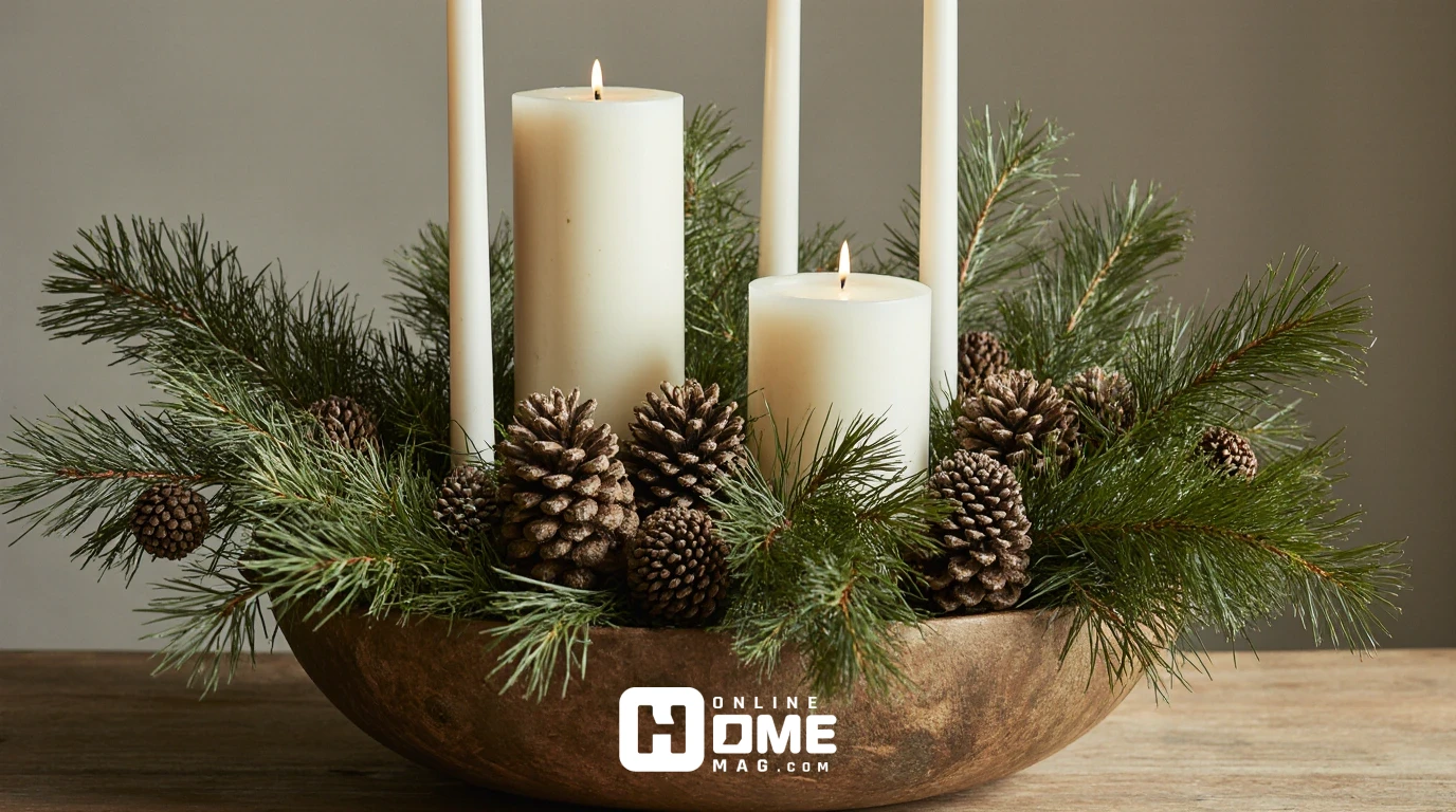 DIY rustic Christmas centerpiece in wooden dough bowl with evergreen clippings and white candles for budget-friendly decor 