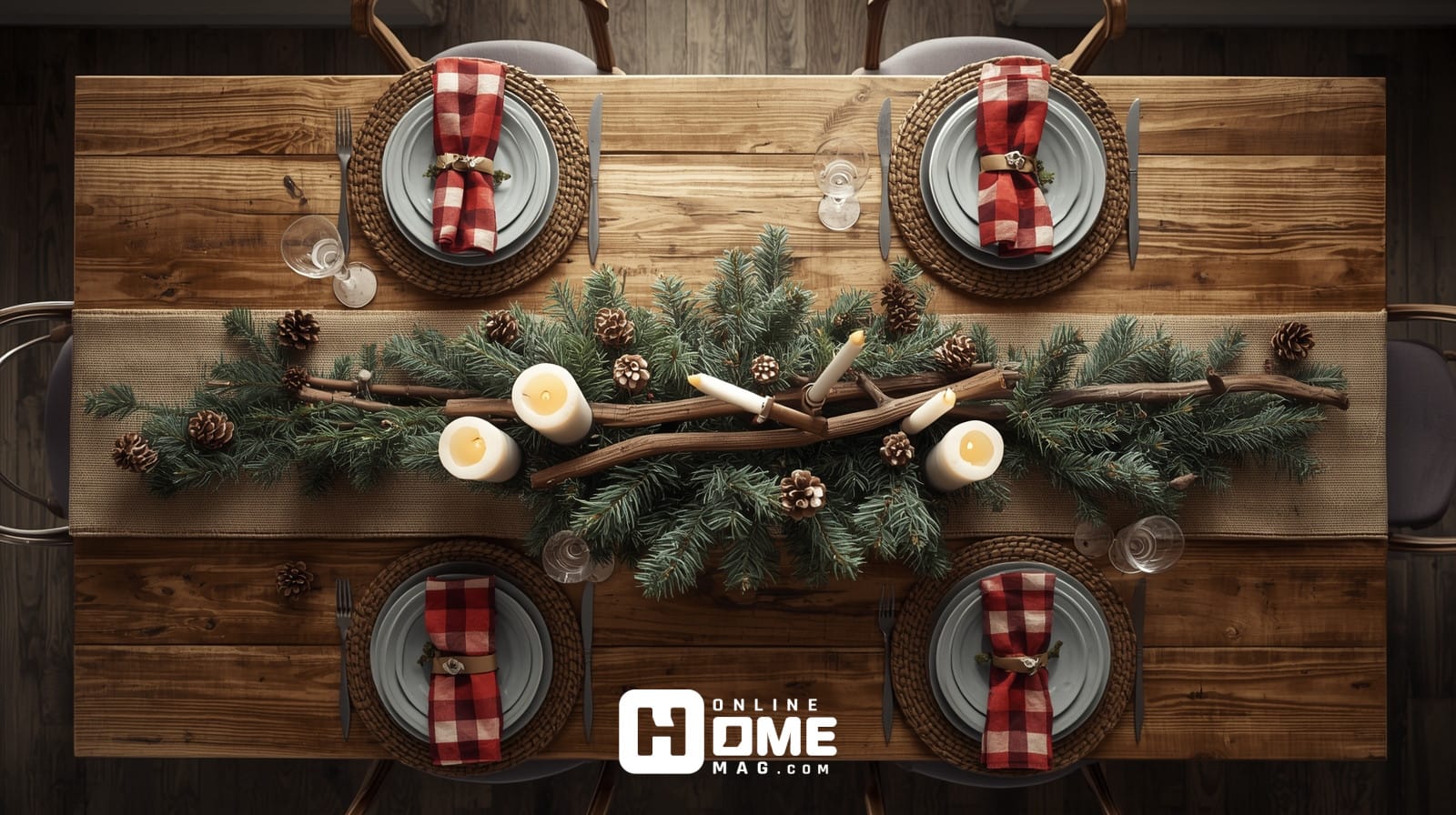 Rustic Christmas table decor with natural wood, burlap runner, evergreen centerpiece, and candlelight creating cozy farmhouse holiday atmosphere