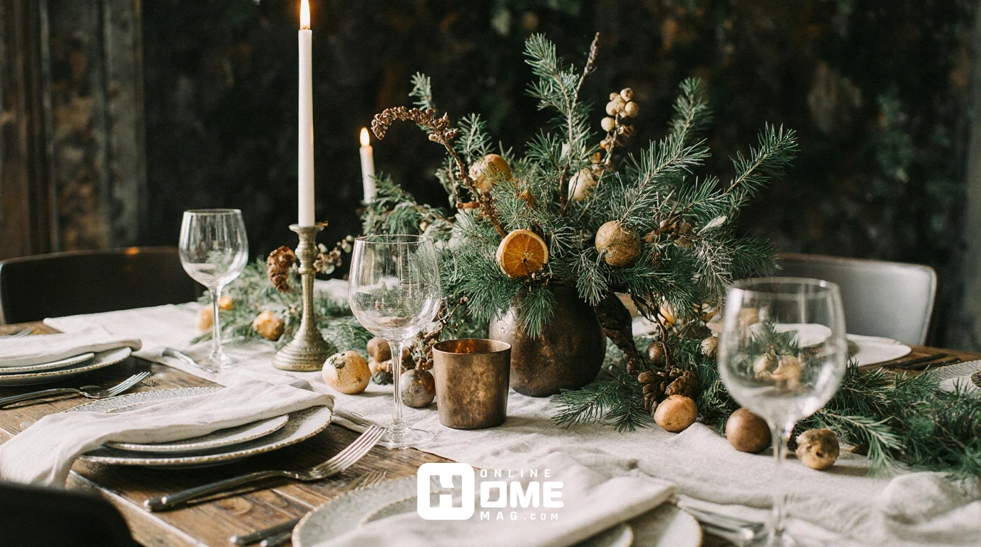 Vintage wooden crate filled with fresh evergreen branches, red berries, white candles, pinecones, rustic Christmas centerpiece, farmhouse table, natural and organic" 