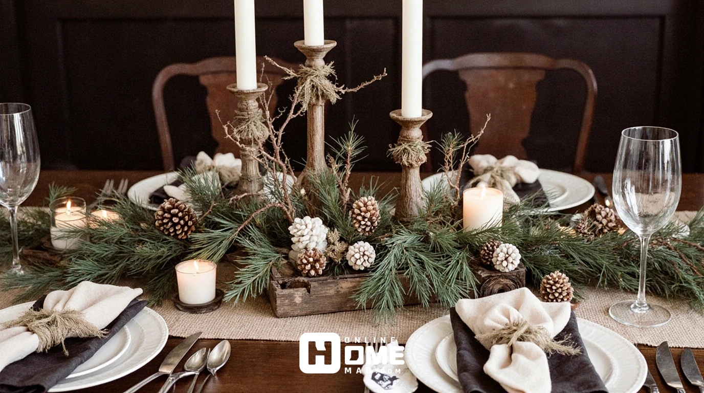 Rustic Christmas dining table with natural wood surface, burlap table runner, pine branch centerpiece with white candles, buffalo check napkins, pinecones scattered, warm candlelight, cozy farmhouse style, overhead view 