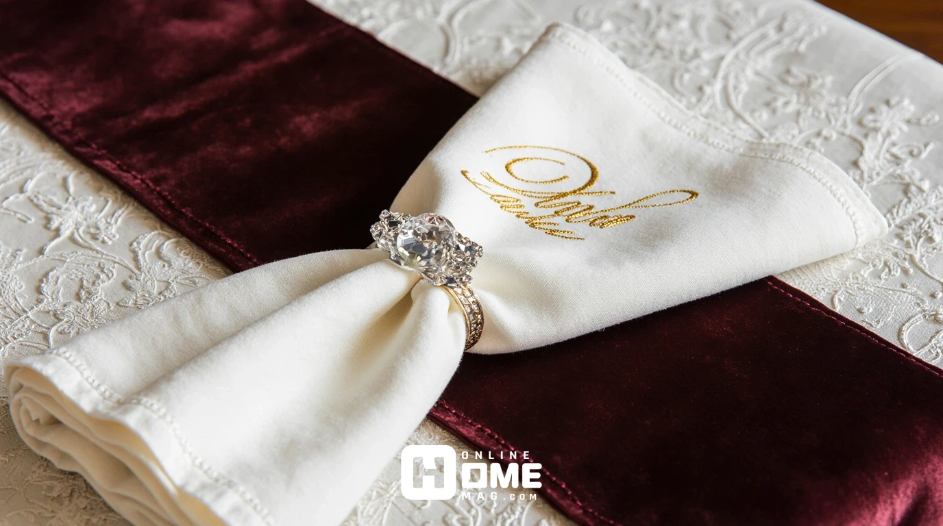 Close-up of luxury Christmas table linens showing hand-woven ivory Italian damask tablecloth, burgundy silk velvet runner, monogrammed napkin with gold thread embroidery, and crystal napkin ring with diamonds in natural lighting
