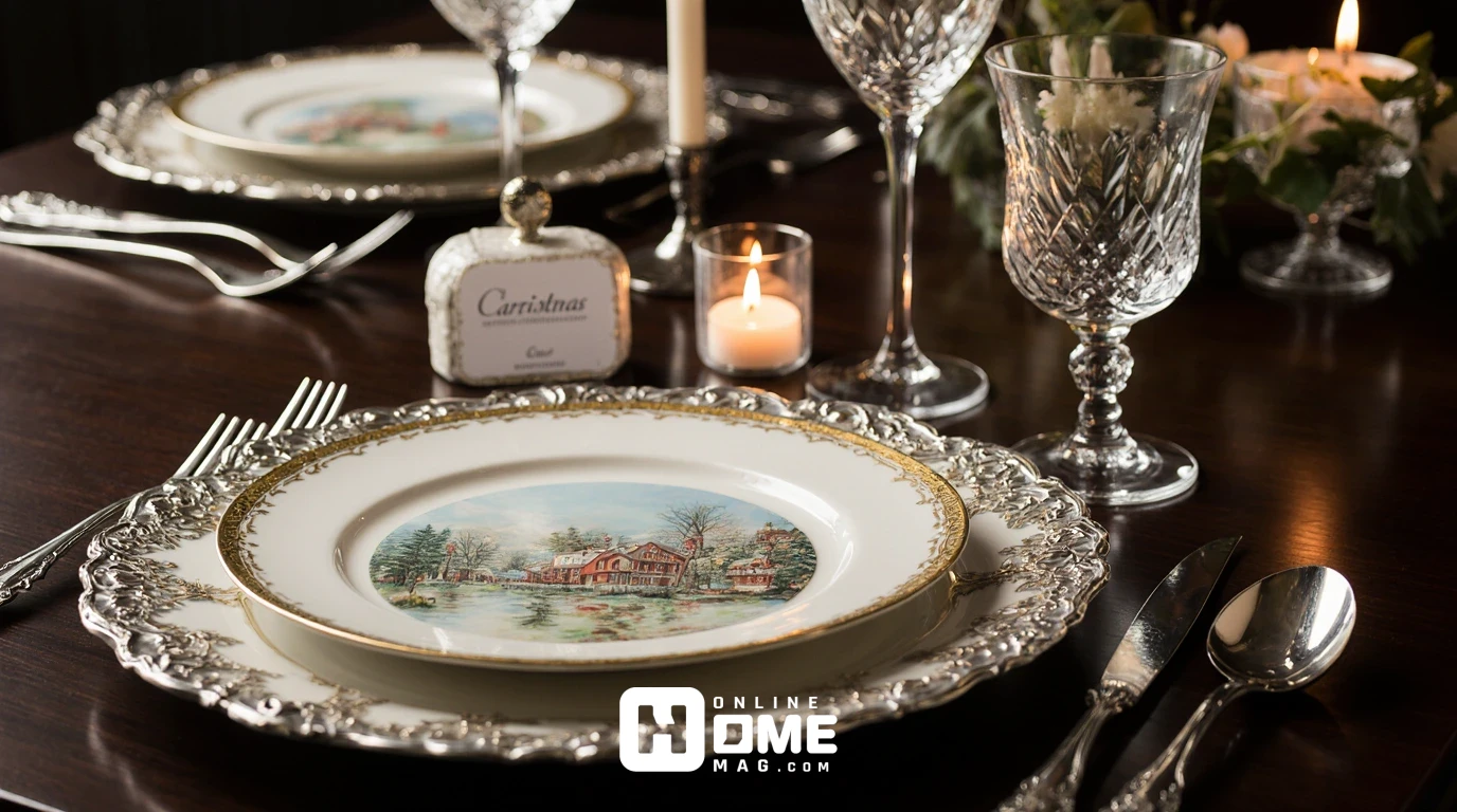 Elegant Christmas place setting with Royal Copenhagen hand-painted china plate, Baccarat Harcourt crystal wine glasses, sterling silver charger plate, Christofle cutlery with mother-of-pearl handles, and Cartier jewelry box place card holder