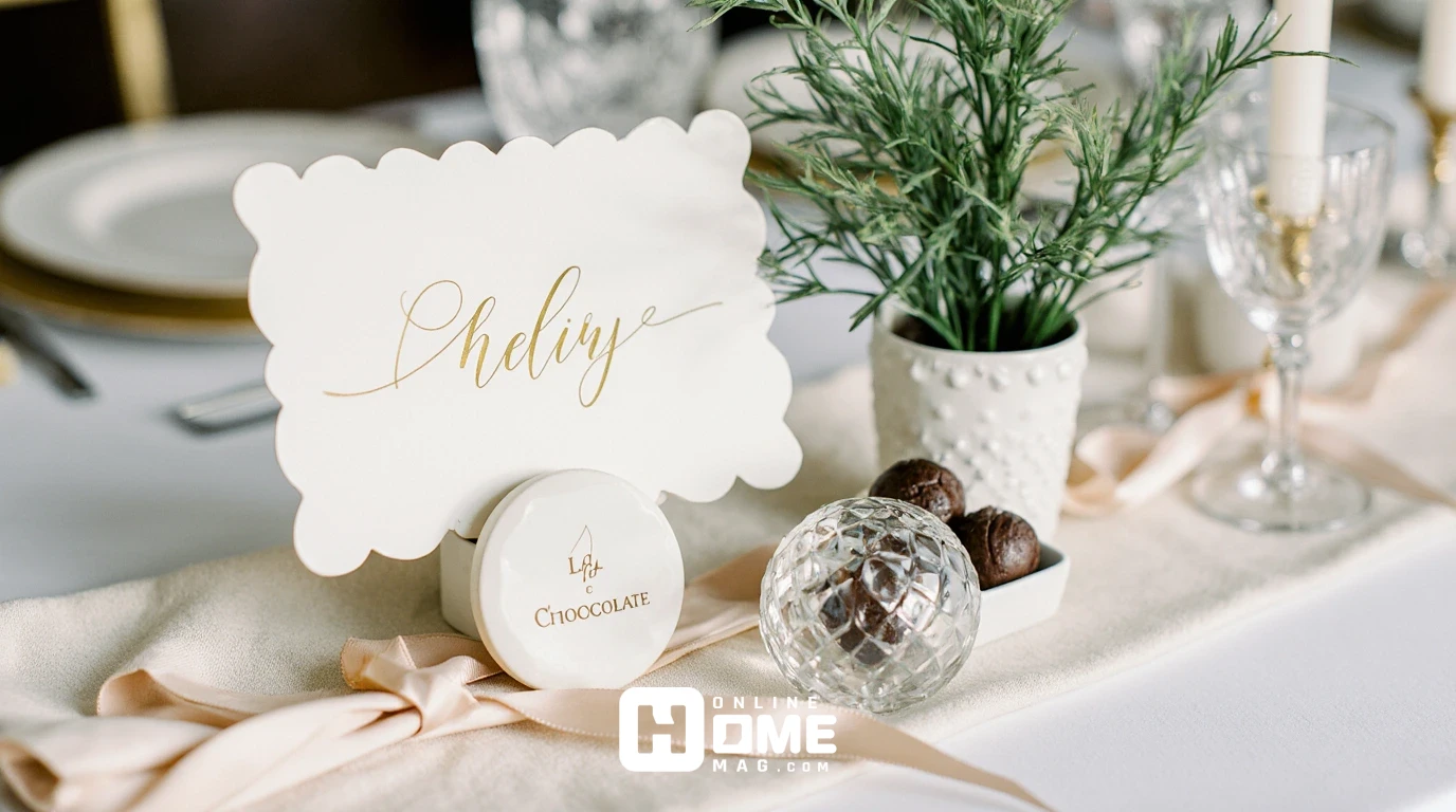 Elegant Christmas place card display with hand-lettered gold calligraphy on ivory paper in Carrara marble easel, Waterford crystal engraved ornament, La Maison du Chocolat truffle box, and miniature topiary in French porcelain pot
