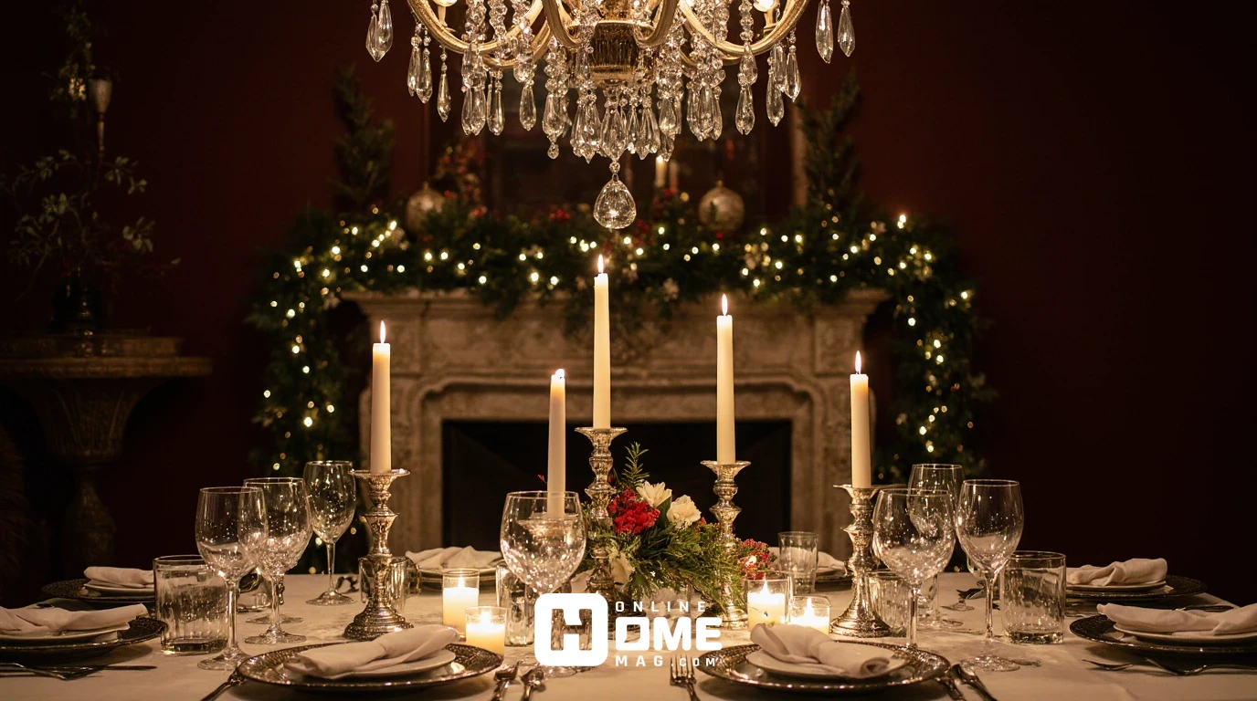 Atmospheric Christmas table lighting with dimmed crystal chandelier, multiple ivory pillar candles in silver and crystal holders, warm uplighting beneath table, candlelight reflecting in glassware, and pine garland with fairy lights