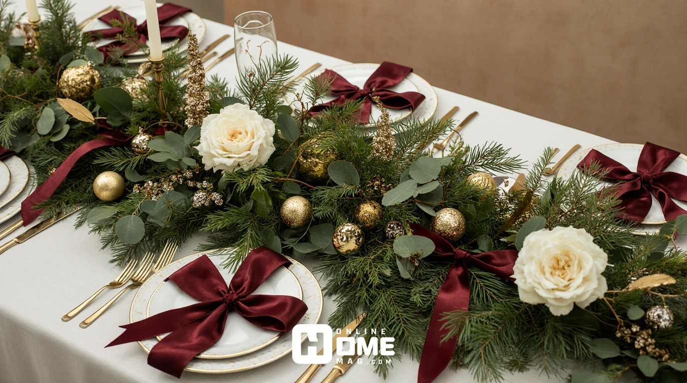 Luxurious Christmas table botanical details showing Fraser fir garland with gold-painted magnolia leaves, burgundy velvet ribbon, gold mercury glass ornaments, Swarovski crystal picks, and ivory roses with gold-dusted edges on silk napkin