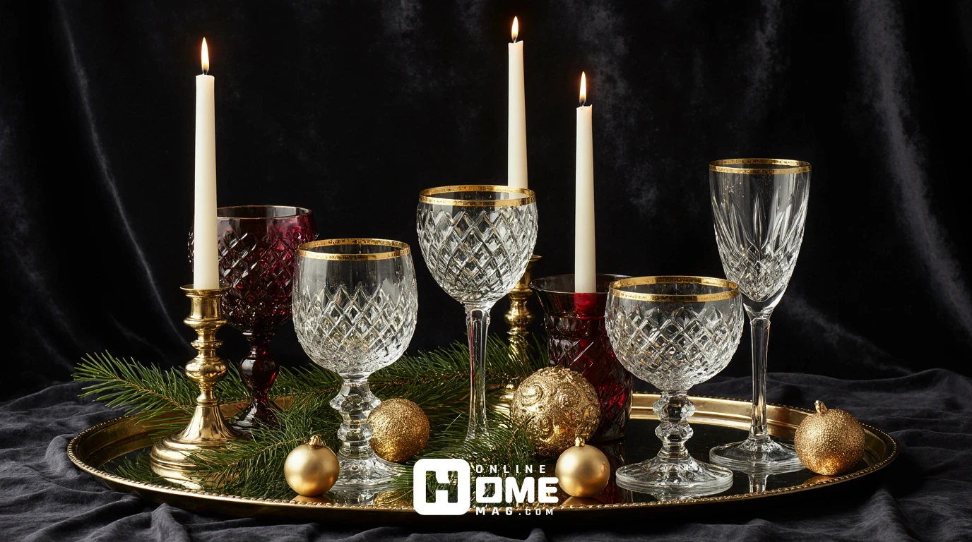 Collection of luxury Christmas crystal glassware including Baccarat Harcourt champagne flutes, Saint-Louis wine glasses, vintage cranberry crystal water goblets with gold rims, and Lalique frosted Art Deco glass on mirrored tray