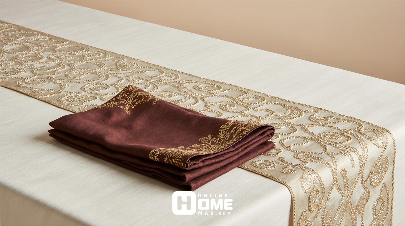 Layered luxury Christmas table textiles showing ivory silk tablecloth, hand-beaded champagne runner with gold and crystal beadwork, cognac leather placemat with gold tooling, and burgundy silk damask napkin in dimensional close-up