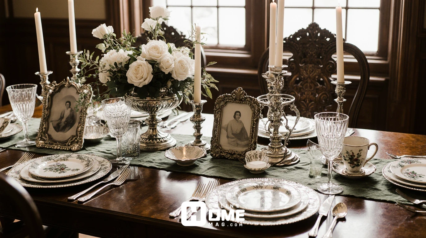 Elegant Christmas tablescape with antiques featuring Georgian sterling silver coffee service, Victorian crystal epergne with white roses, antique ivory-handled flatware, vintage Limoges china, family heirloom silver candlesticks, and sepia family photos