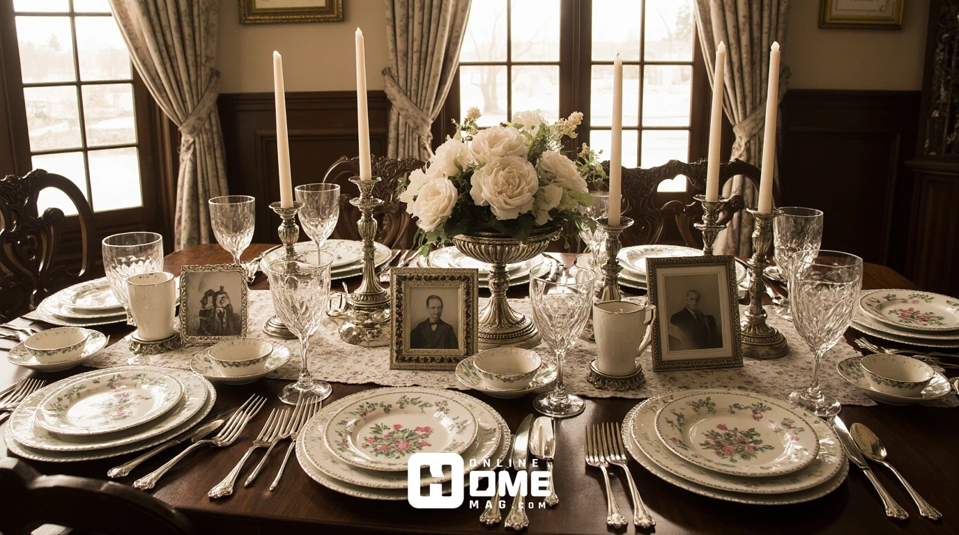 Elegant Christmas tablescape with antiques featuring Georgian sterling silver coffee service, Victorian crystal epergne with white roses, antique ivory-handled flatware, vintage Limoges china, family heirloom silver candlesticks, and sepia family photos