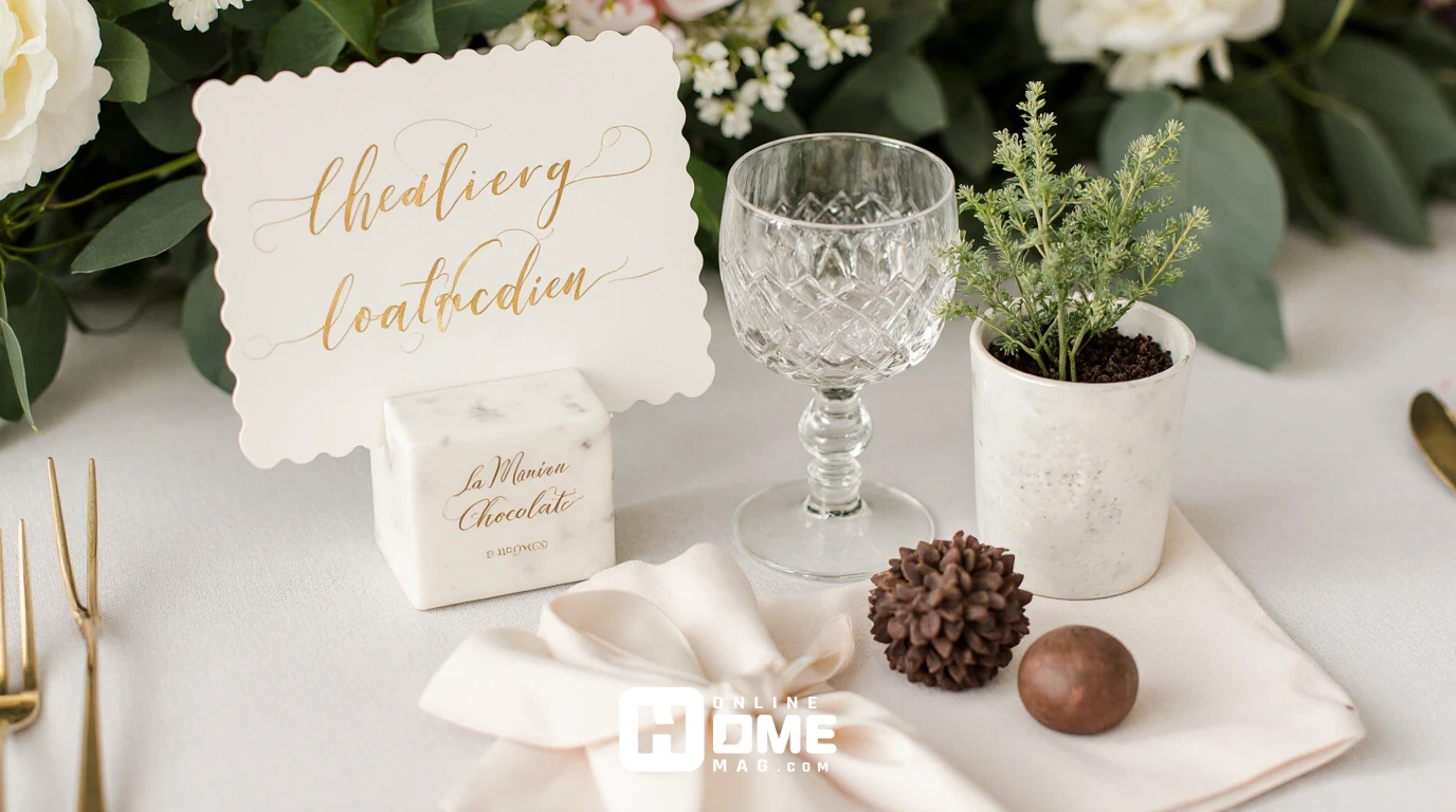 Elegant Christmas place card display with hand-lettered gold calligraphy on ivory paper in Carrara marble easel, Waterford crystal engraved ornament, La Maison du Chocolat truffle box, and miniature topiary in French porcelain pot