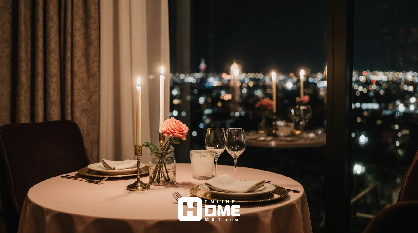 Intimate Valentine's dinner table for two with blush tablecloth, gold chargers, rose centerpiece, and taper candles in small apartment