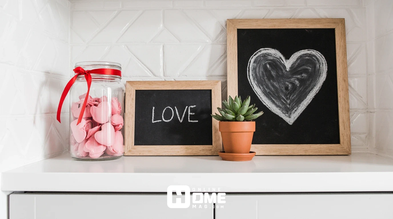 Modern apartment kitchen counter corner with Valentine's Day vignette including glass jar with conversation hearts and succulent plant