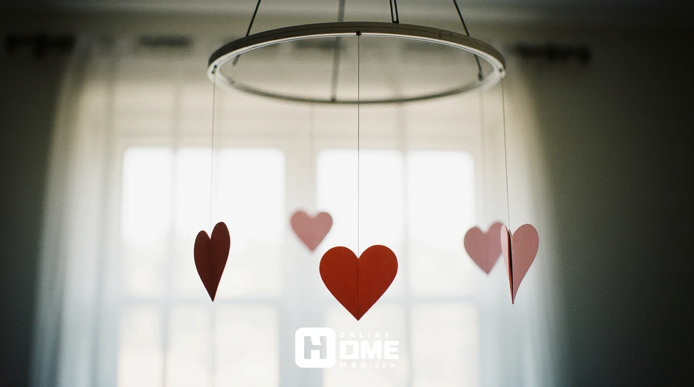 Hanging Valentine's Day paper heart mobile made with embroidery hoop and pink hearts suspended from apartment ceiling