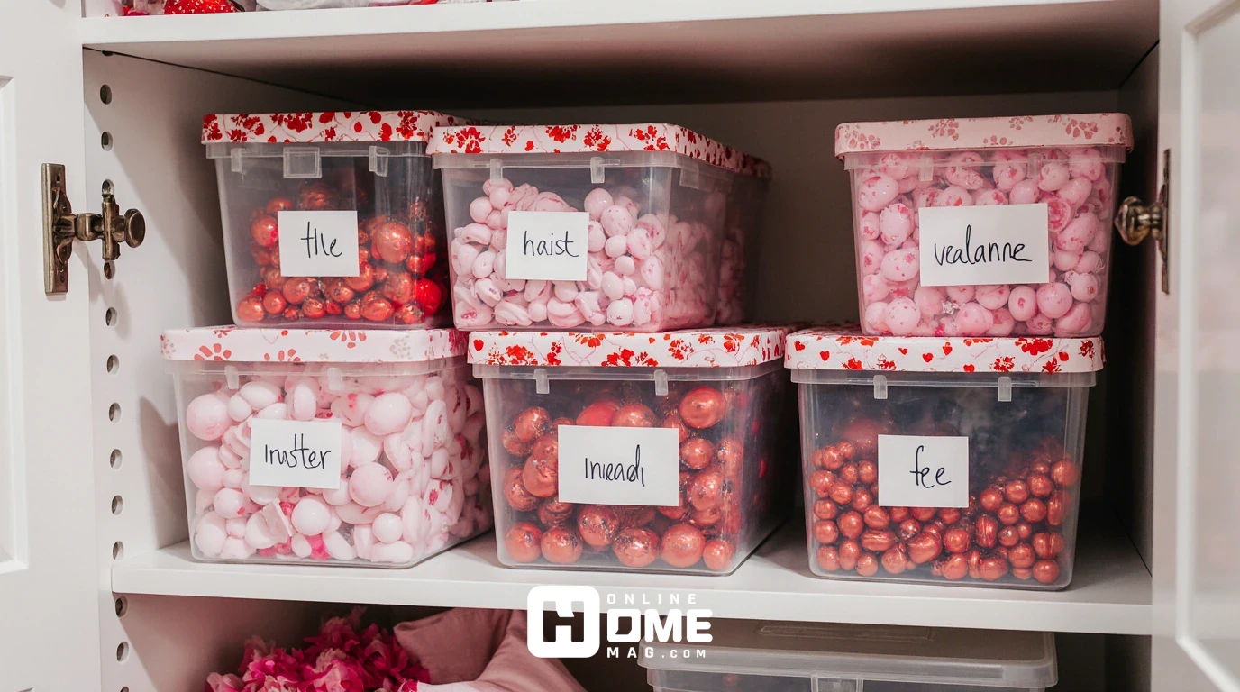 Organized Valentine's decoration storage with collapsible boxes and clear bins stacked in small apartment closet
